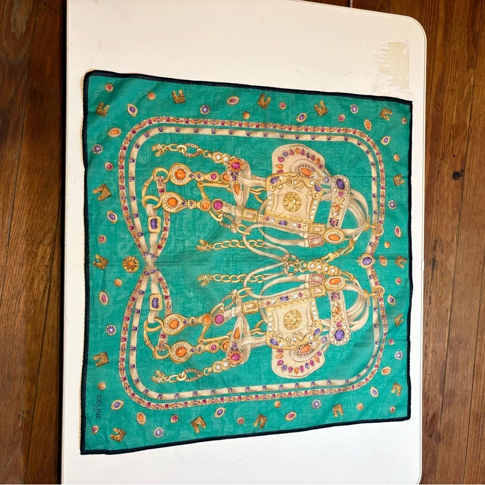 Celine Turquoise Green and Gold Jewel-Print Silk Scarf